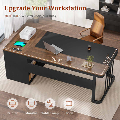 70.9" Power Outlet Desk with Adjustable Storage Shelves Walnut