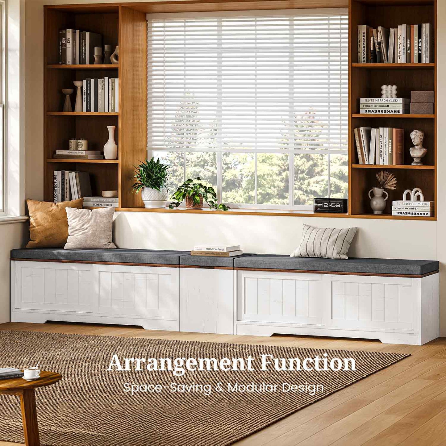 Farmhouse L Shaped Shoe Storage Bench with Hidden Storage White Brown