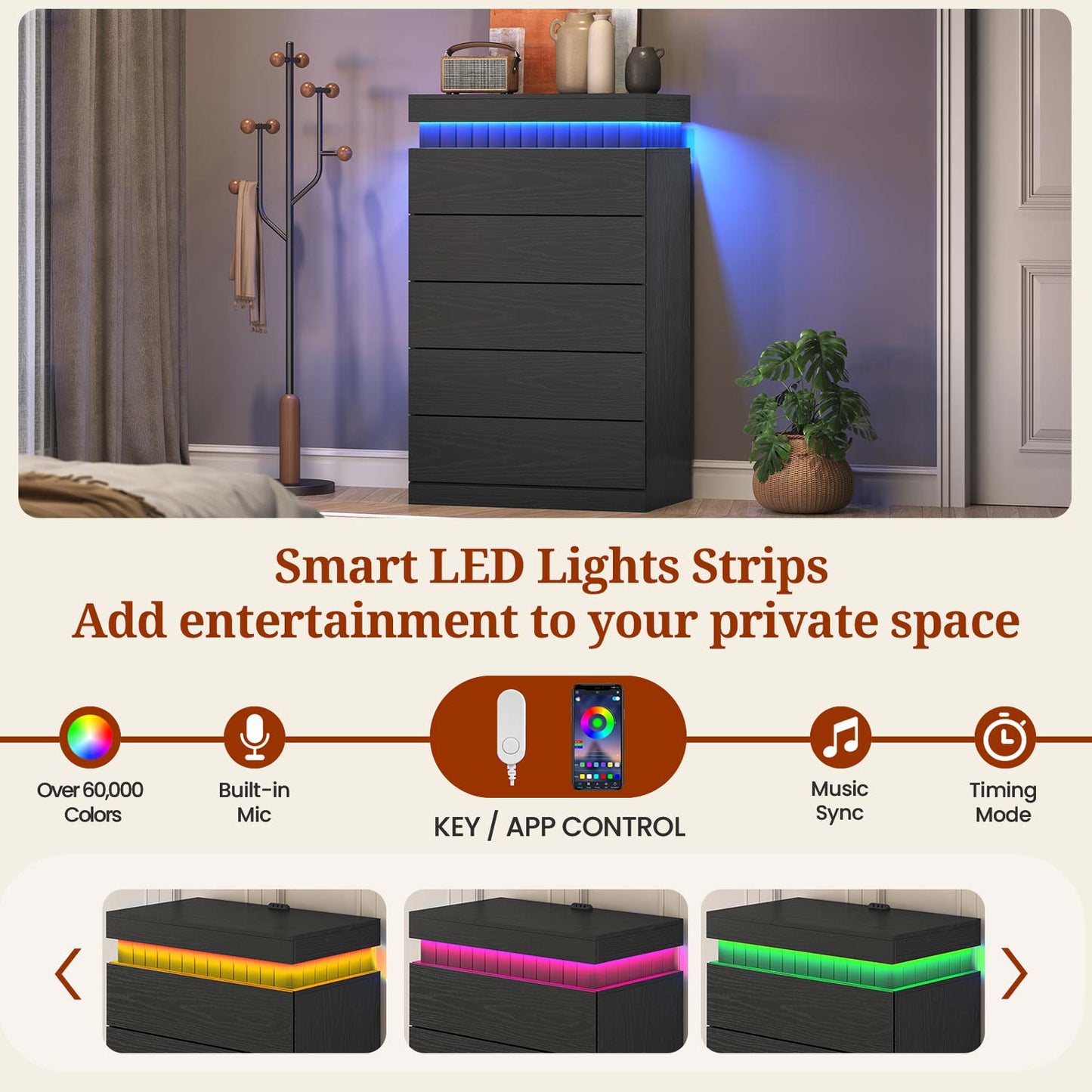 Modern Wood 6 Dresser  with LED Light and Power Outlet,Black