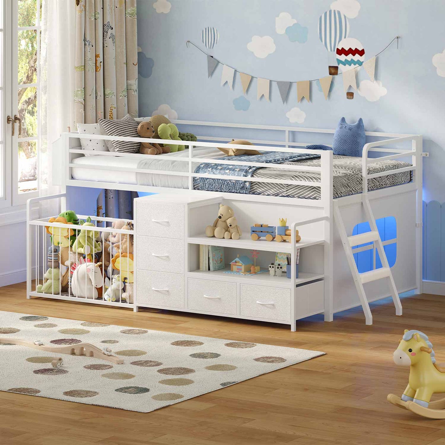 Twin Size Low Loft Bed with Storage Shelves Drawers and LED Lights White
