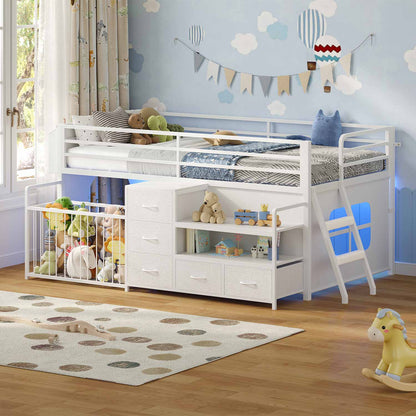 Twin Size Low Loft Bed with Storage Shelves Drawers and LED Lights White