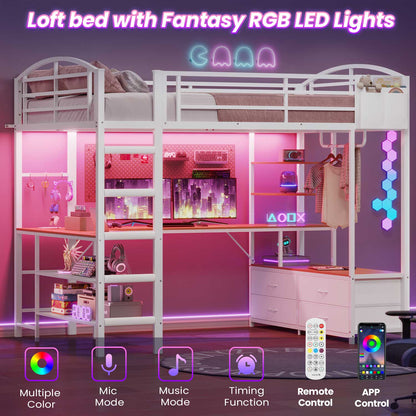 Full Size Gaming Loft Bed with RGB LED Lights White