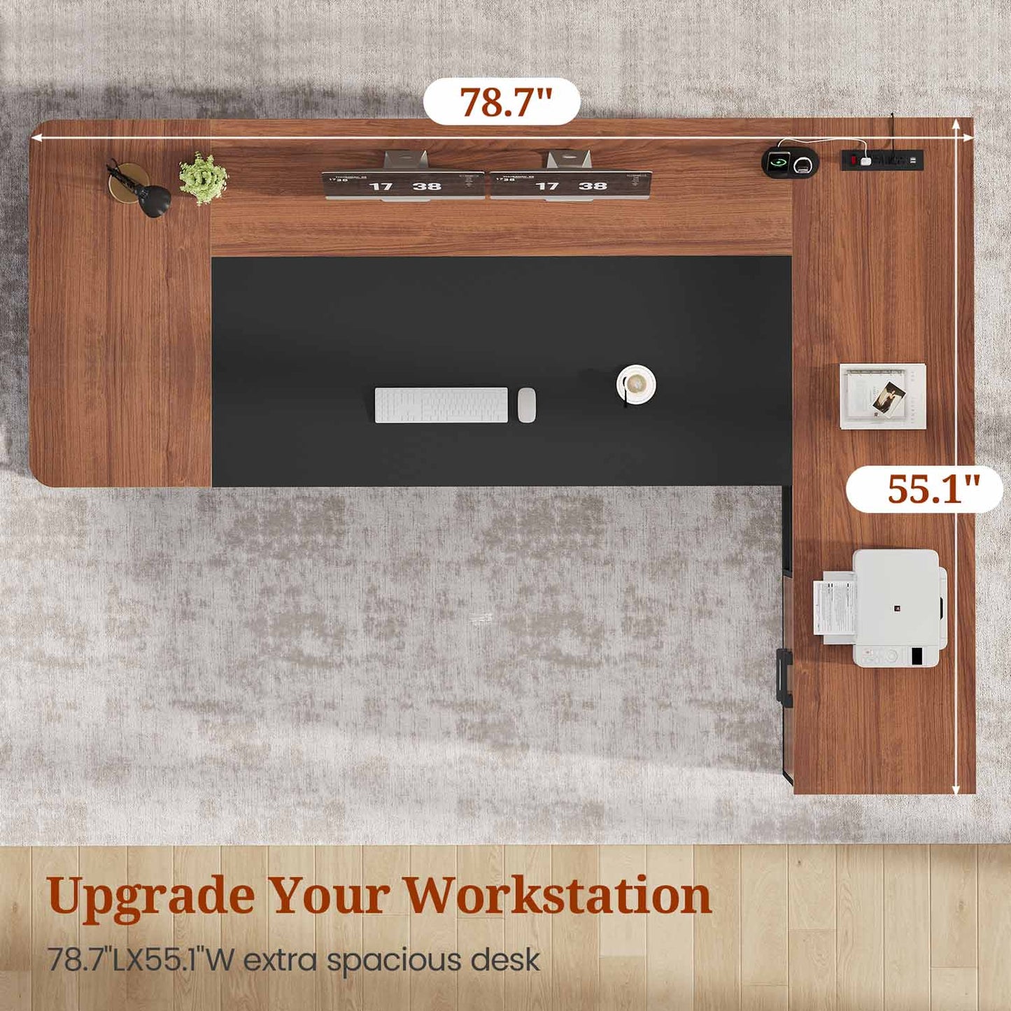 78.7" L Shaped Executive Desk with Drawers Storage Shelves Walnut