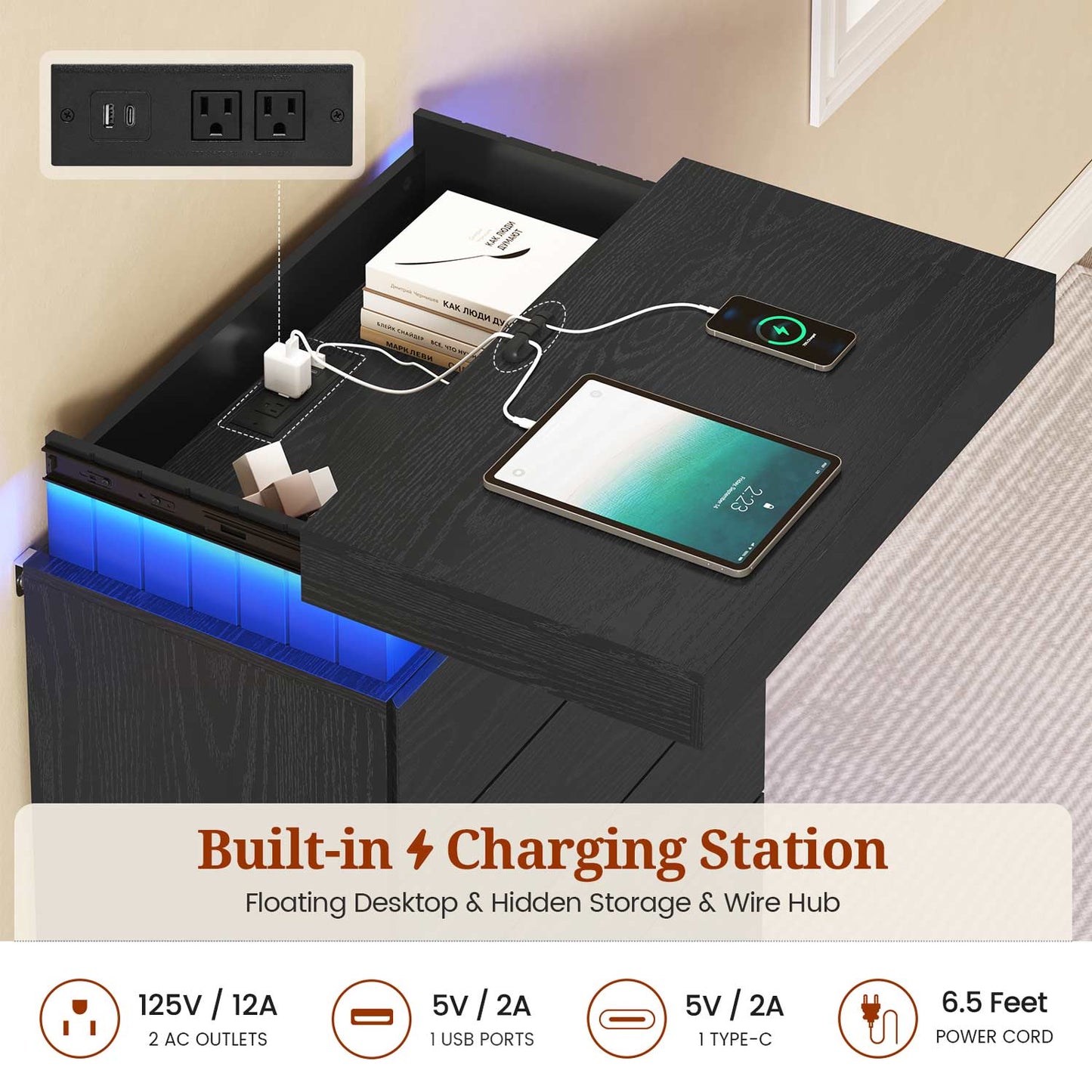 Modern Wood 6 Dresser  with LED Light and Power Outlet,Black