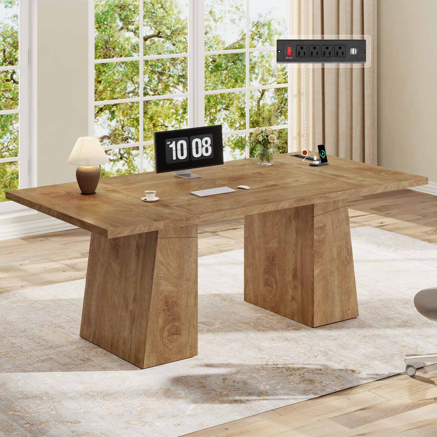 Executive Desk with Power Outlet and Storage Cabinet – Oak