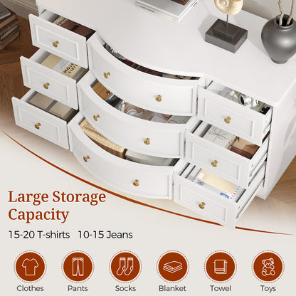 9 Drawer Dresser with Triple Arc Front White