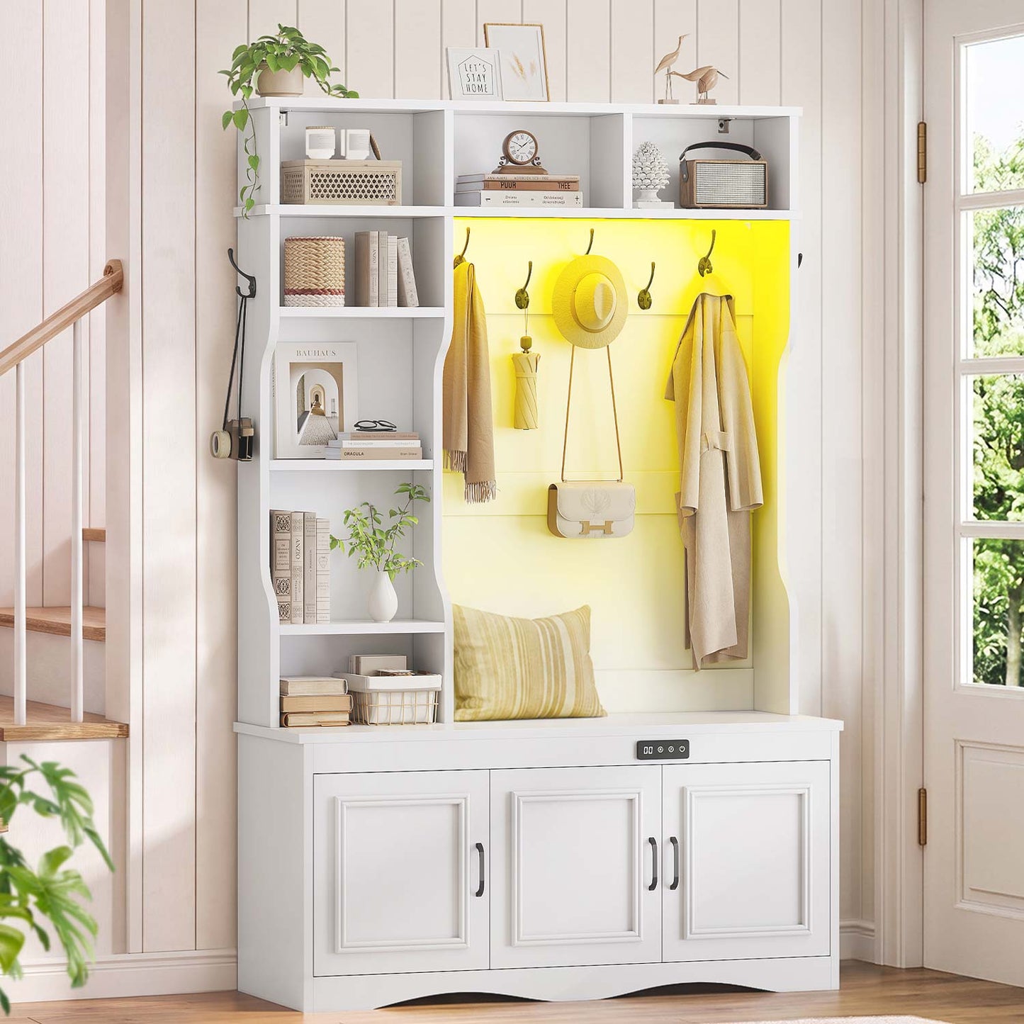 Hall Tree with Shoe Storage Coat Rack LED Lights and Bench White