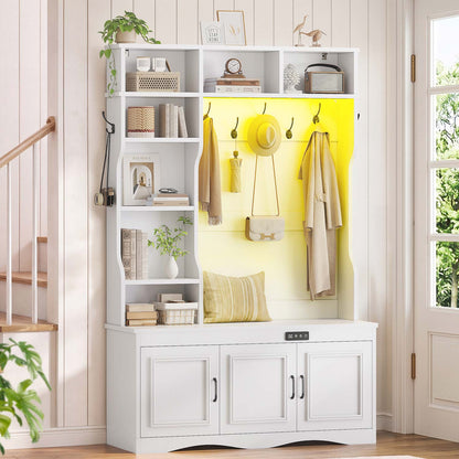 Hall Tree with Shoe Storage Coat Rack LED Lights and Bench White