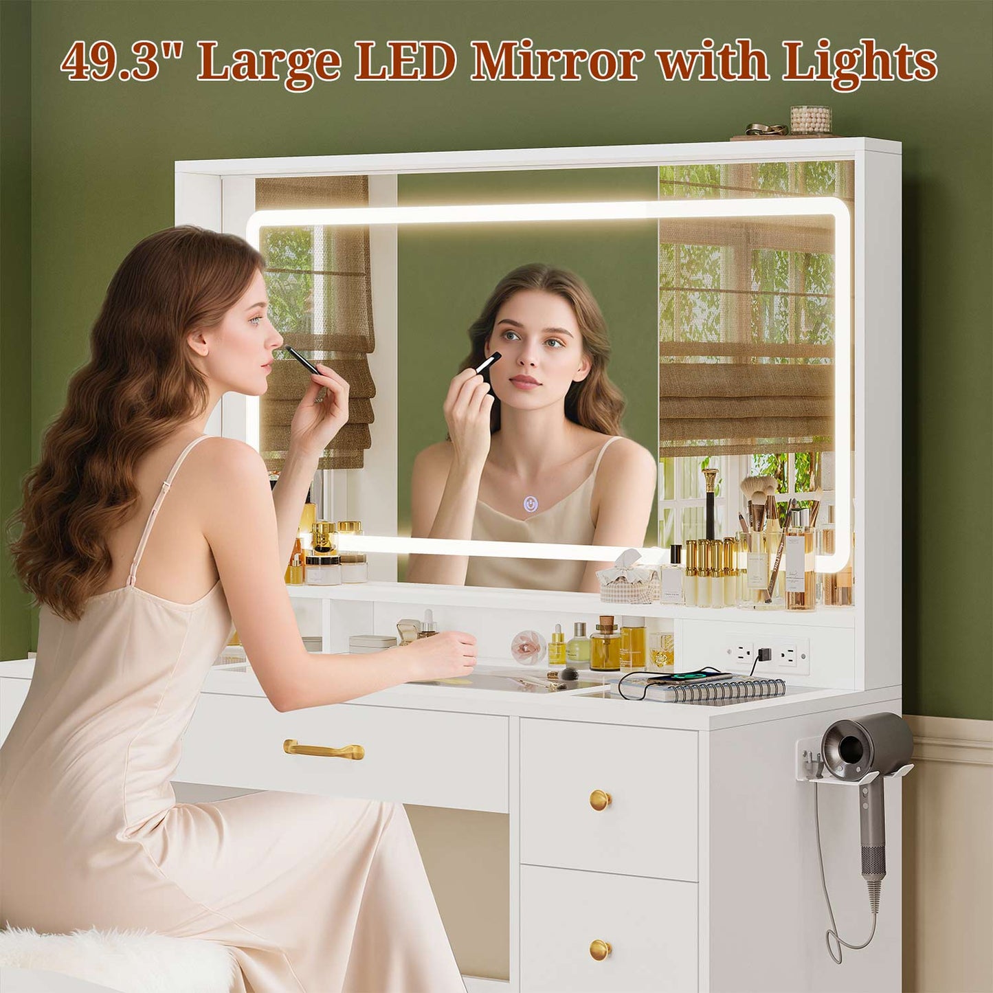 Makeup Vanity with Large LED Mirror White