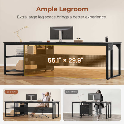 71" Reversible L Shaped Executive Desk with Power Outlets & Storage Shelves Black