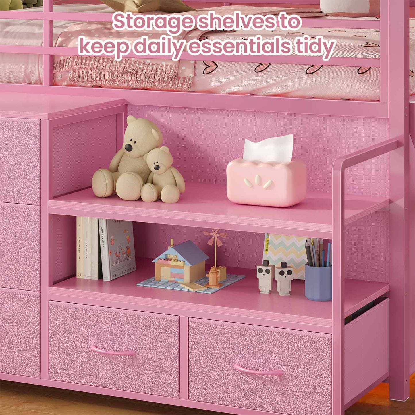 Twin Size Low Loft Bed with Storage Shelves Drawers and LED Lights Pink