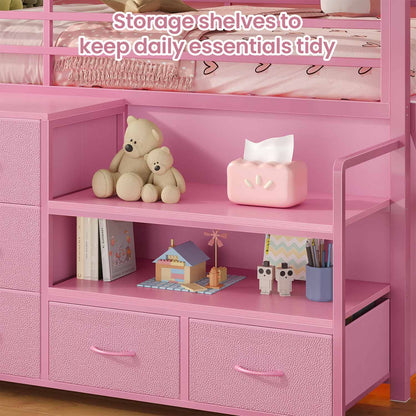 Twin Size Low Loft Bed with Storage Shelves Drawers and LED Lights Pink