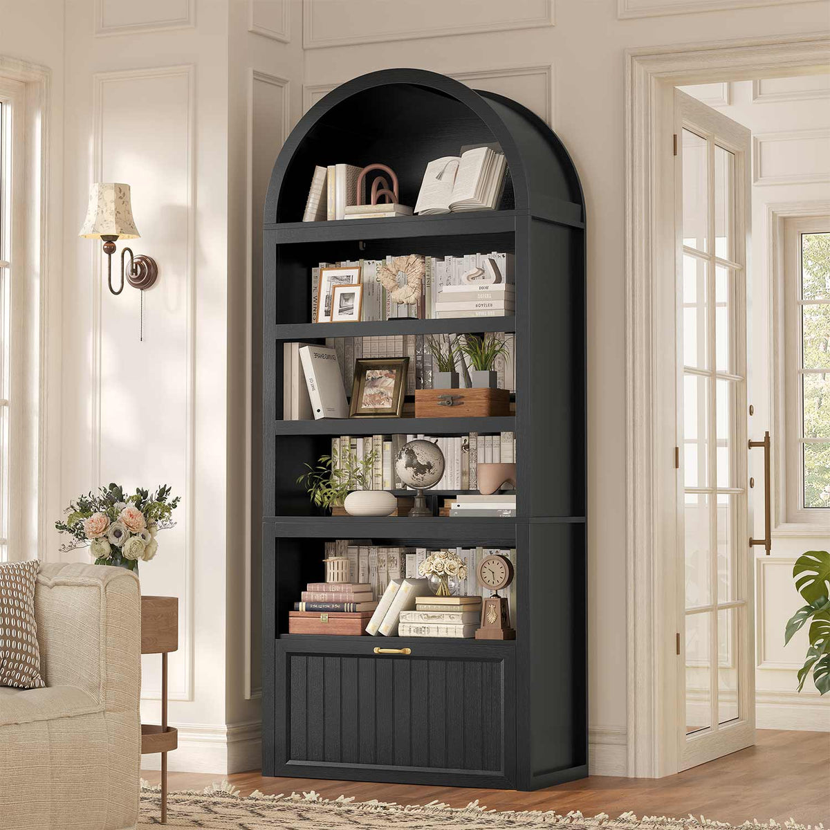 81" Arched Bookcase with 6-Tier Storage & Cabinet Black