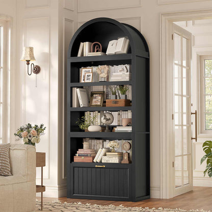 81" Arched Bookcase with 6-Tier Storage & Cabinet Black