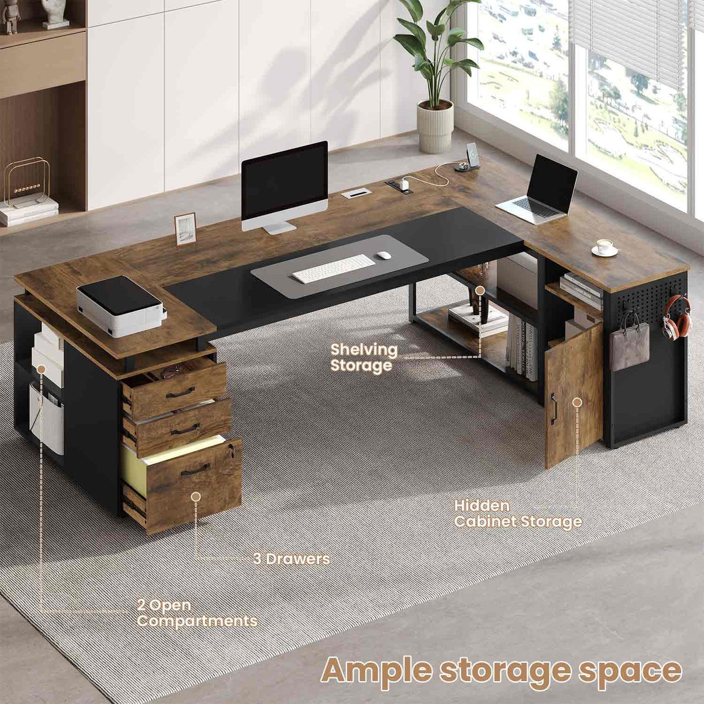78 Inch L Shaped Executive Desk with Power Outlets Rustic Brown