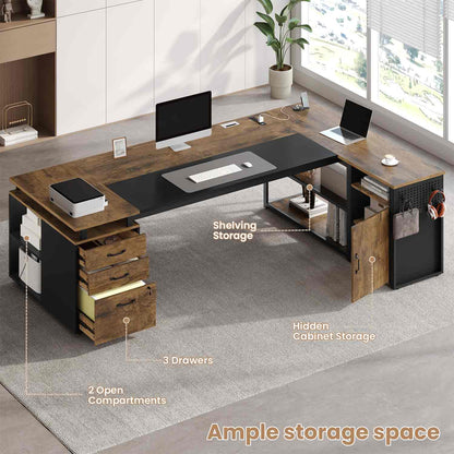 78 Inch L Shaped Executive Desk with Power Outlets Rustic Brown