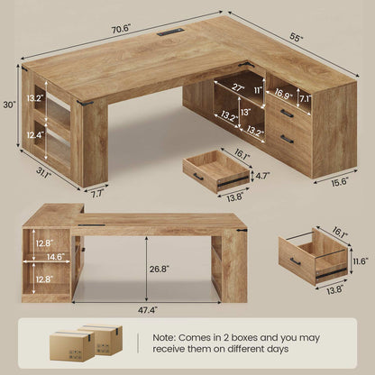 71" L Shaped Executive Desk with Drawers & Power Outlets Oak