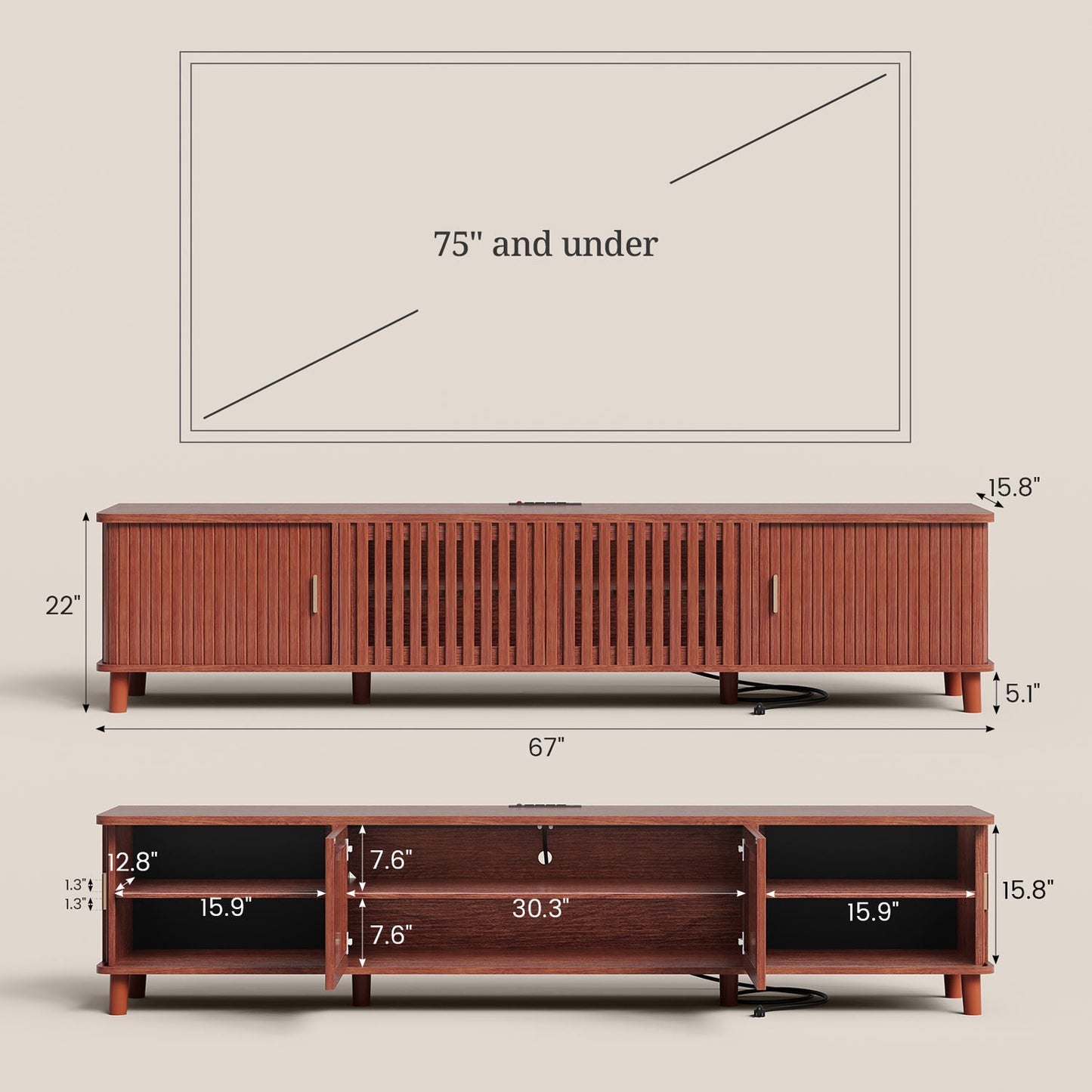 TV Stand with Fluted Sliding Doors & Station RGB LED Lights Media Console Cherry