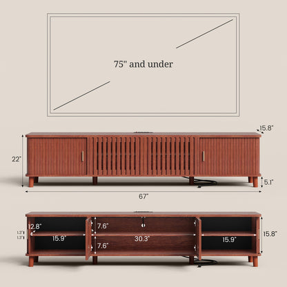 TV Stand with Fluted Sliding Doors & Station RGB LED Lights Media Console Cherry