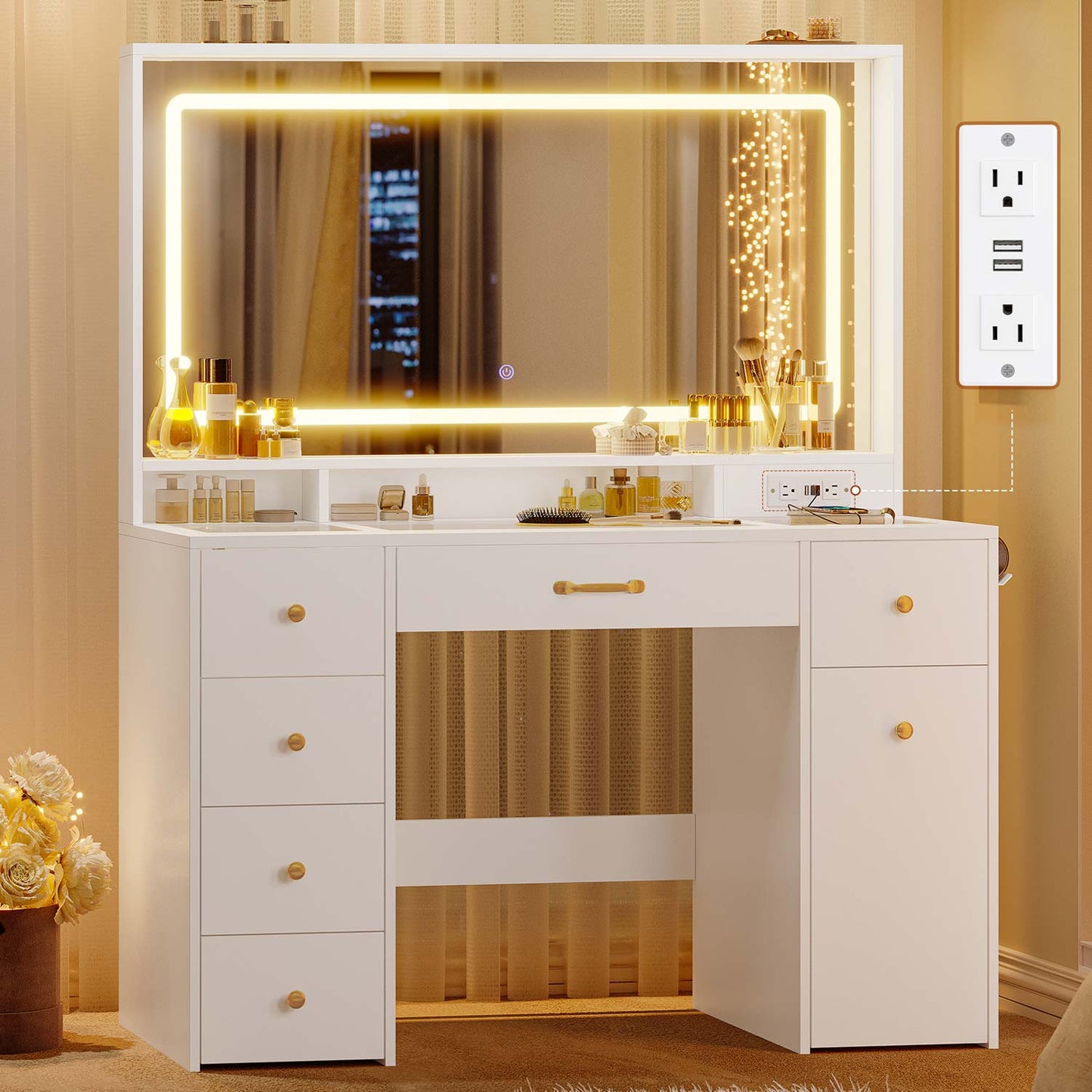 Makeup Vanity with Large LED Mirror White
