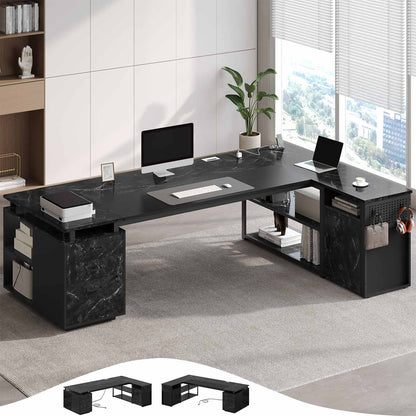 78 Inch L Shaped Executive Desk with Power Outlets Marble Grain