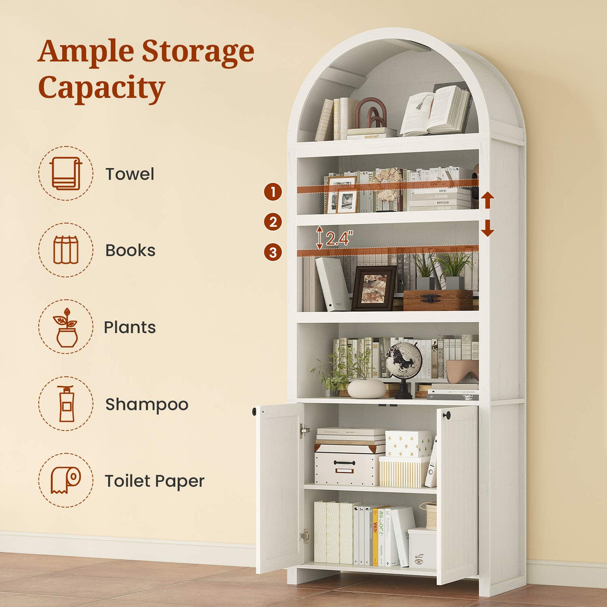 81" Arched Bookcase with Adjustable Shelves and Cabinet Antique White
