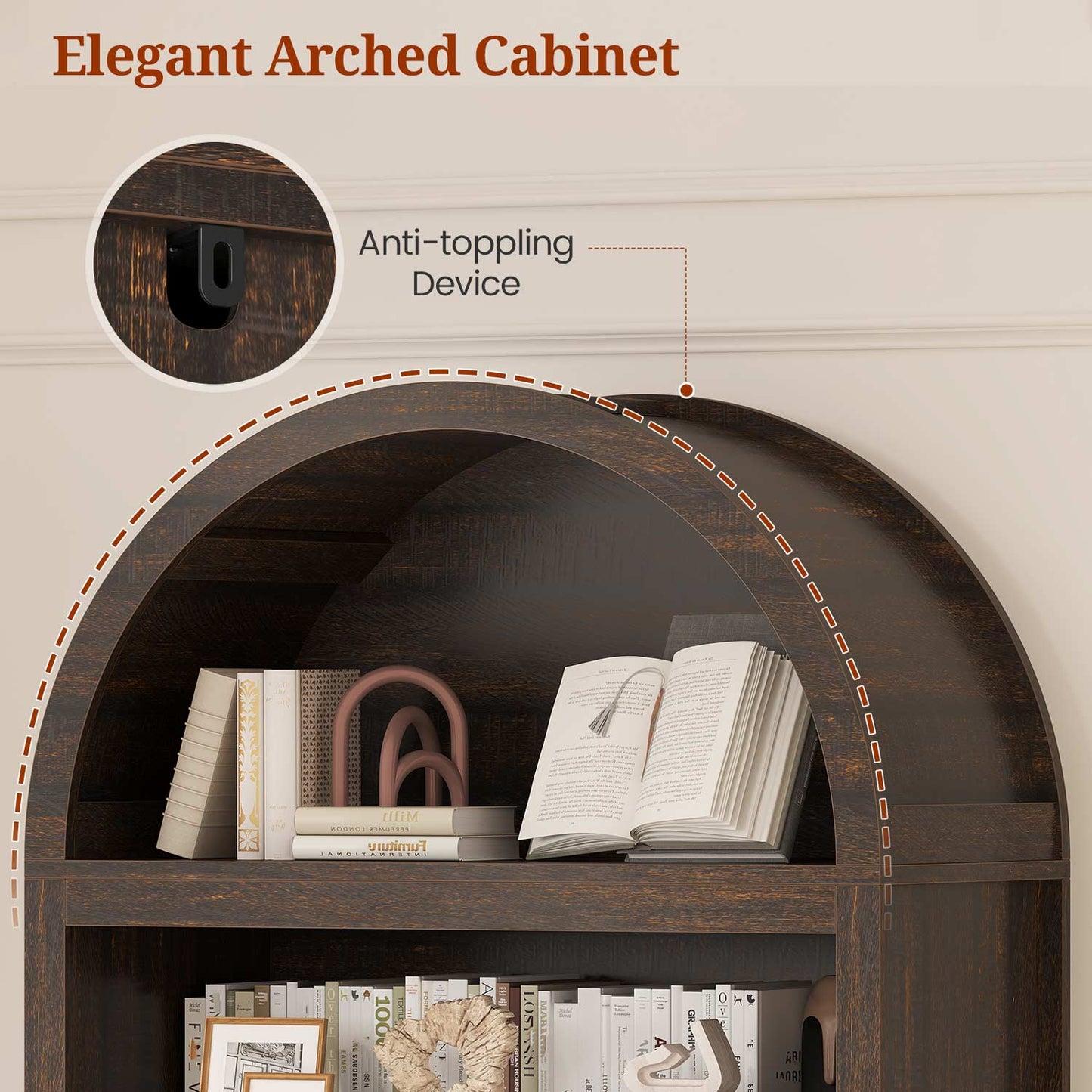 Arched Bookcase with Drawer storage & 2 Book Risers  Walnut 