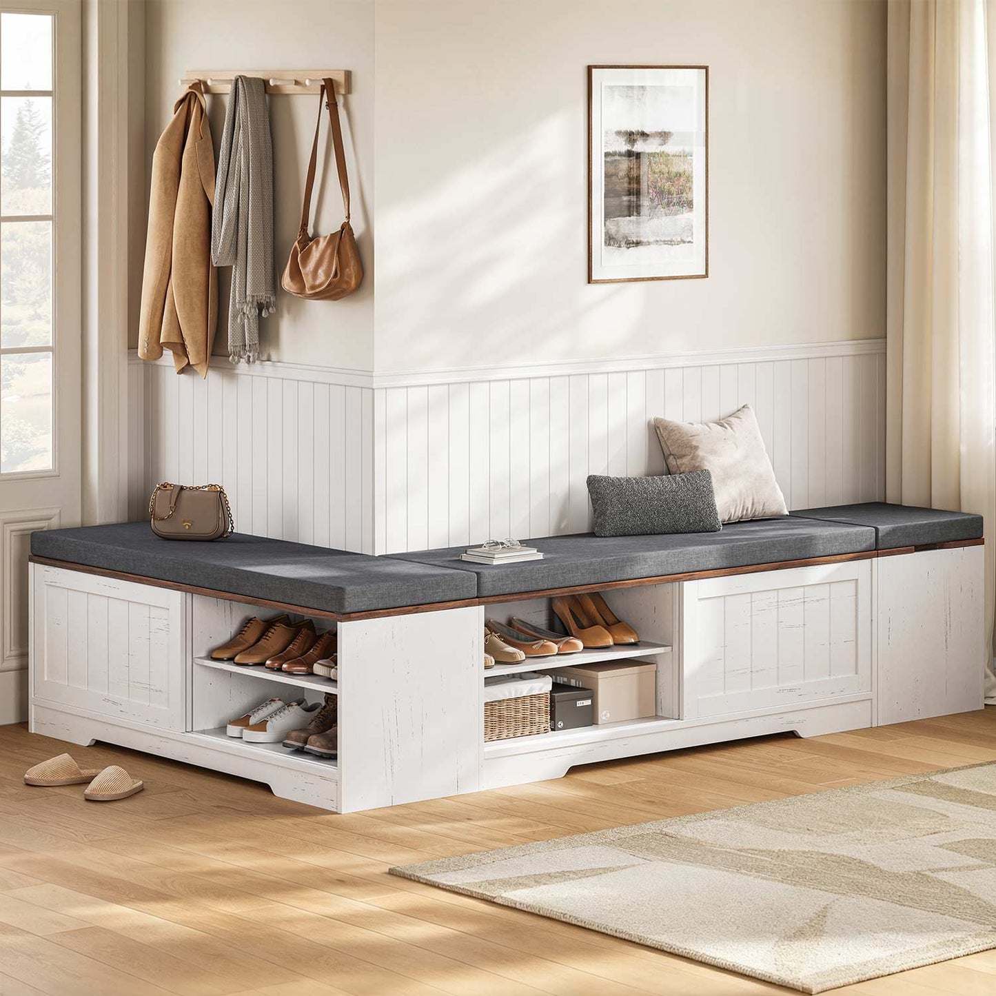 Farmhouse L Shaped Shoe Storage Bench with Hidden Storage White Brown