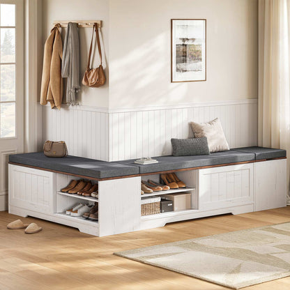 Farmhouse L Shaped Shoe Storage Bench with Hidden Storage White Brown