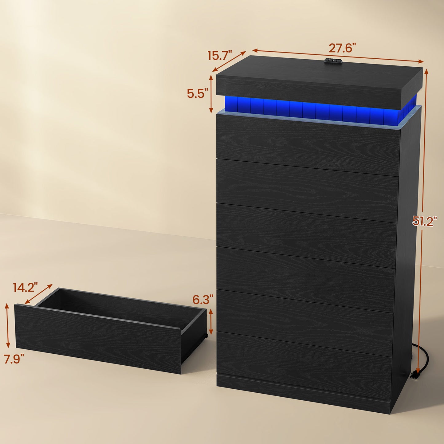 Tall Black 6 Dresser with Sliding Top Storage Space