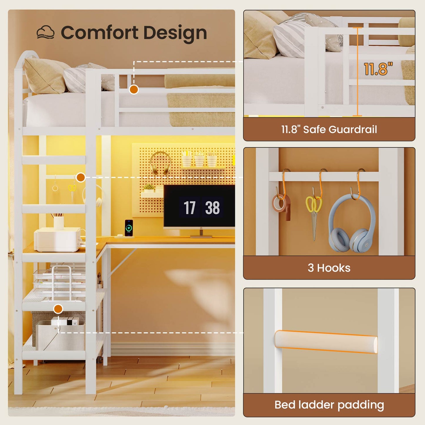 Full Size Gaming Loft Bed with RGB LED Lights White