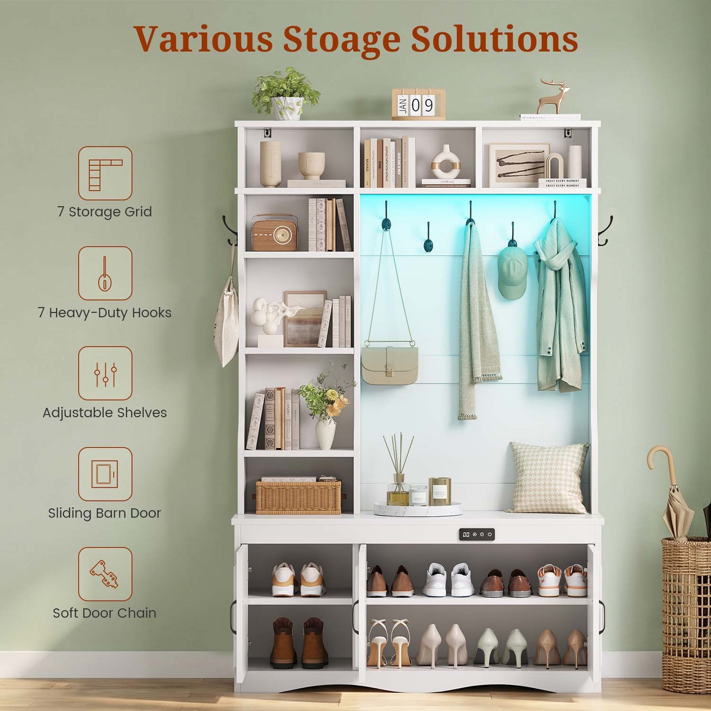 Hall Tree with Shoe Storage Coat Rack LED Lights and Bench White