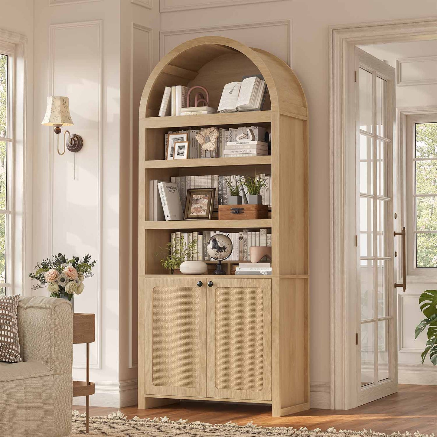 81 Inches Tall Arched 6-Tier Bookcase with Door Oak