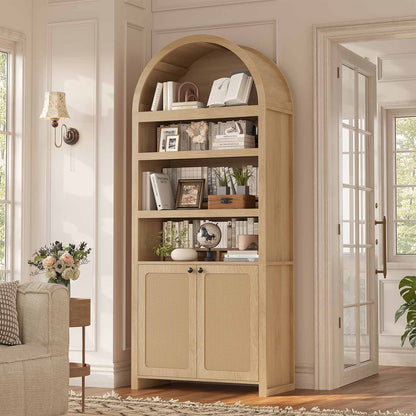 81 Inches Tall Arched 6-Tier Bookcase with Door Oak