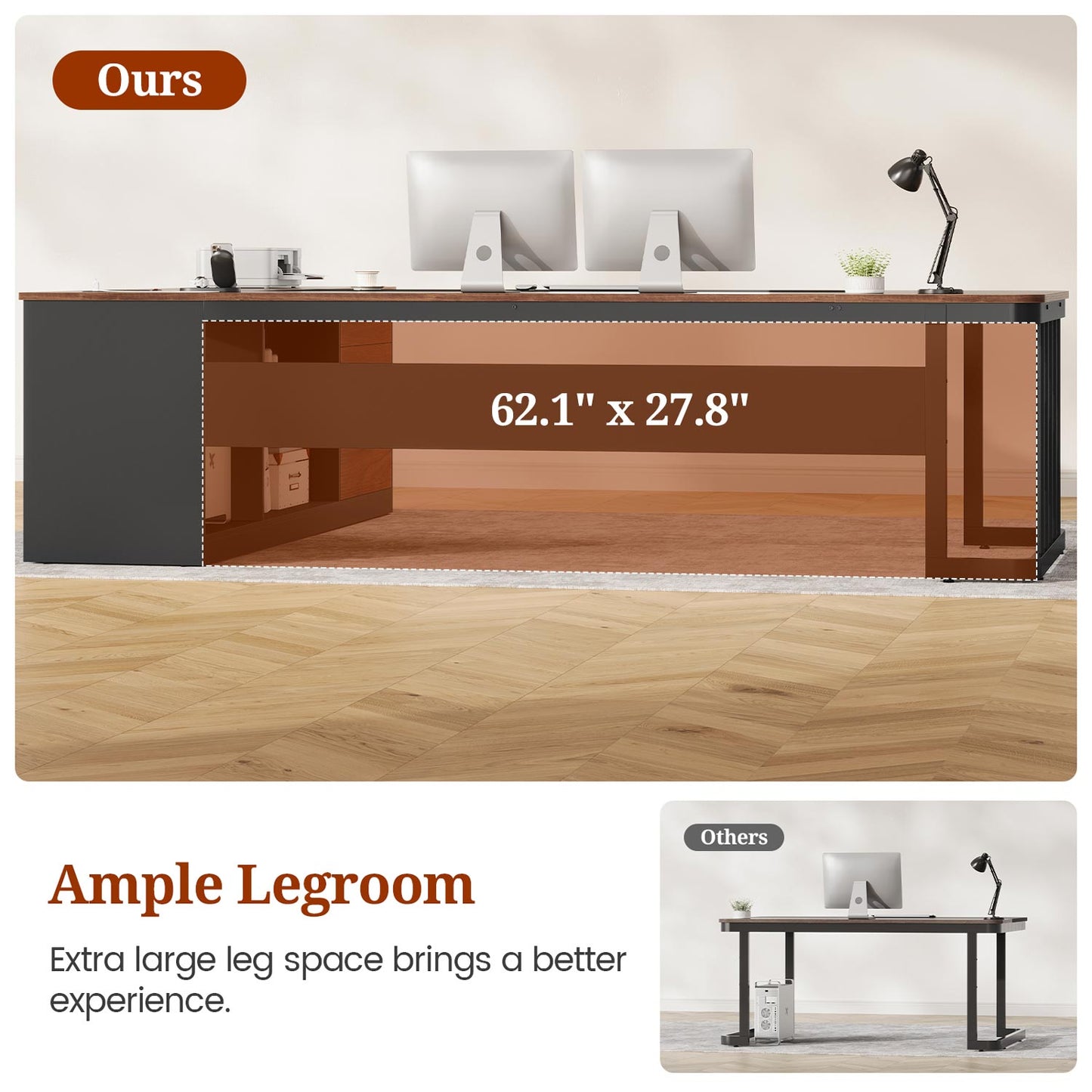 78.7" L Shaped Executive Desk with Drawers Storage Shelves Walnut