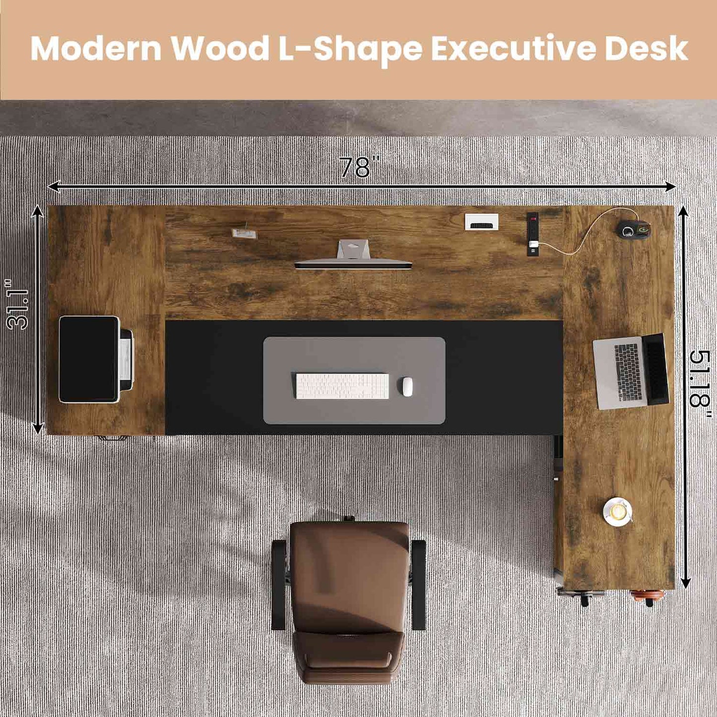 78 Inch L Shaped Executive Desk with Power Outlets Rustic Brown