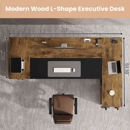 78 Inch L Shaped Executive Desk with Power Outlets Rustic Brown