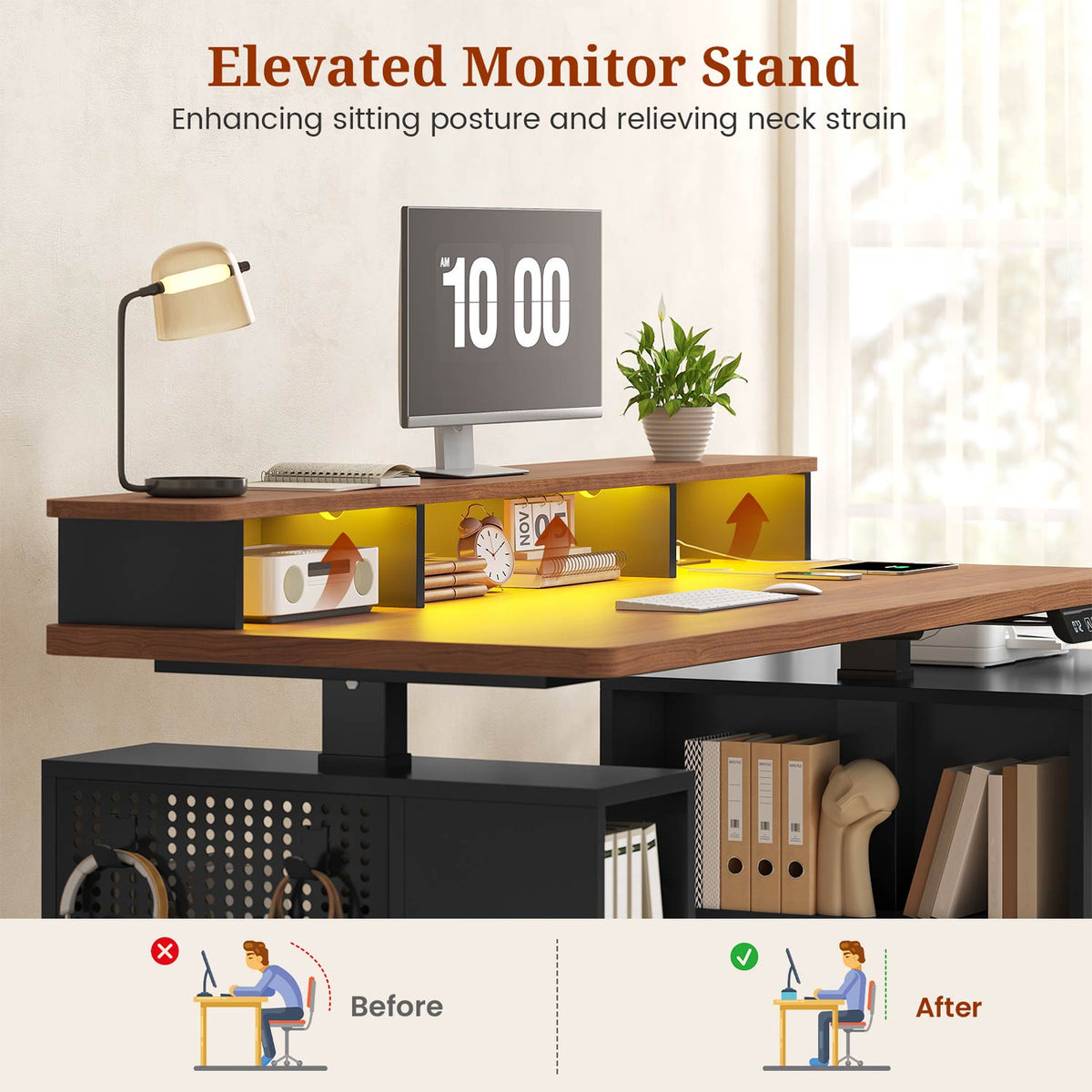 70" Electric Standing Desk with Storage LED Lights & Power Black&Walnut