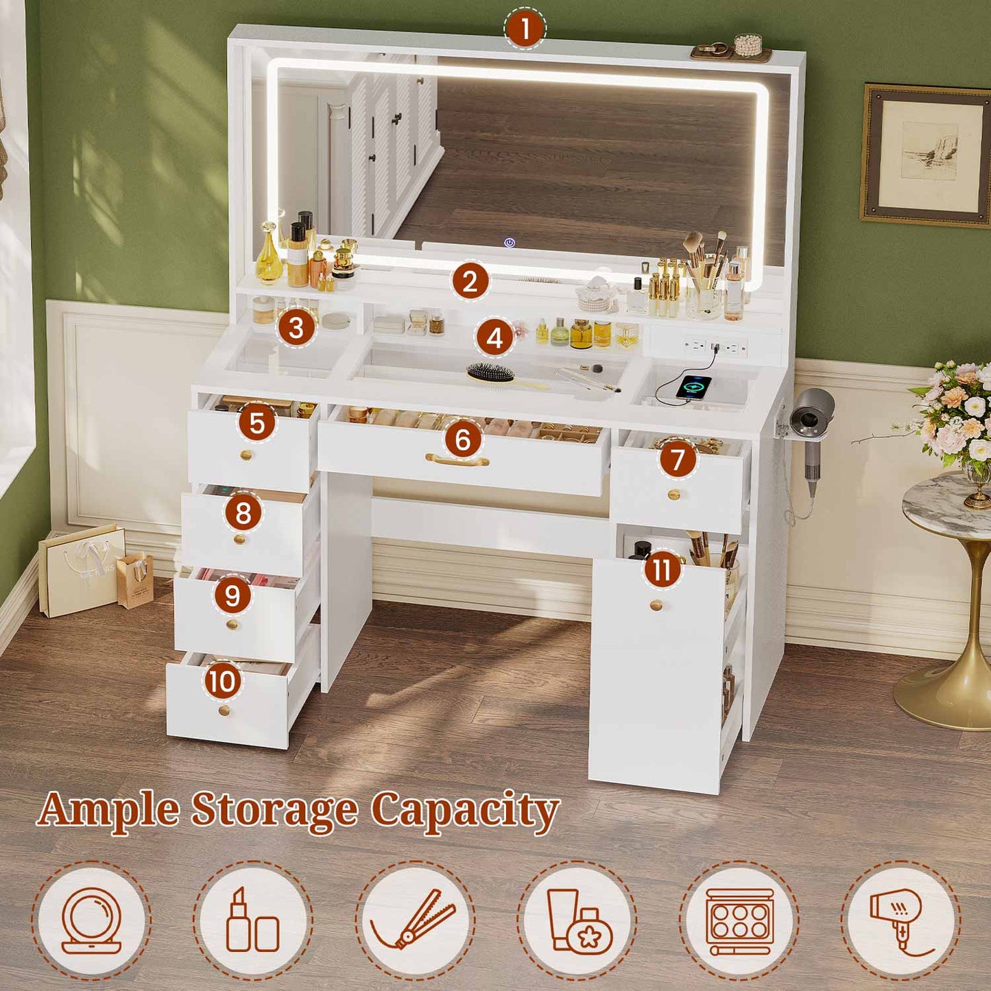 Makeup Vanity with Large LED Mirror White