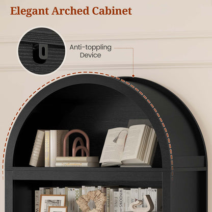 81" Arched Bookcase with 6-Tier Storage & Cabinet Black