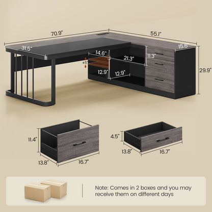 71" Modern L Shaped Executive Desk with Drawers & Storage Shelves Grey