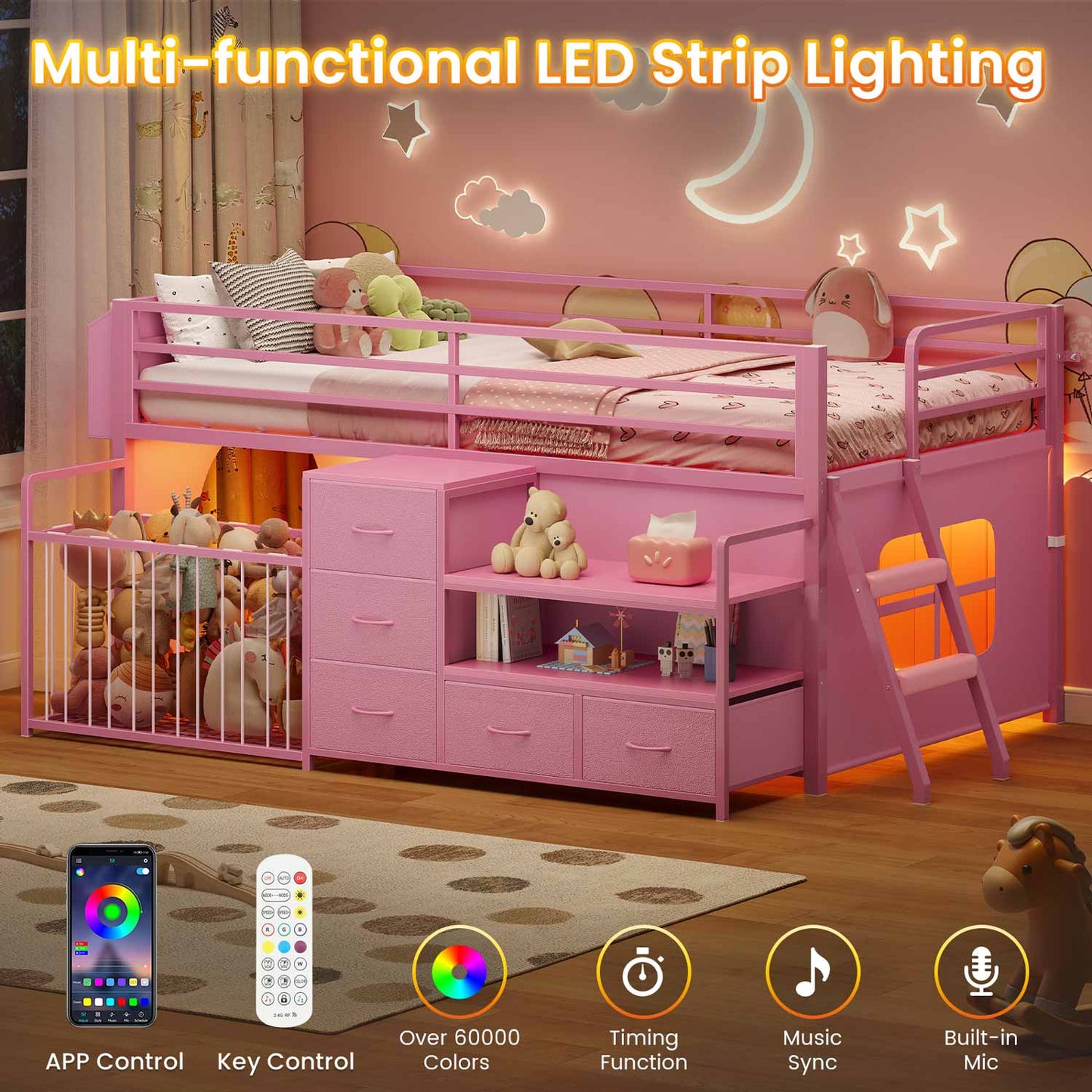 Twin Size Low Loft Bed with Storage Shelves Drawers and LED Lights Pink