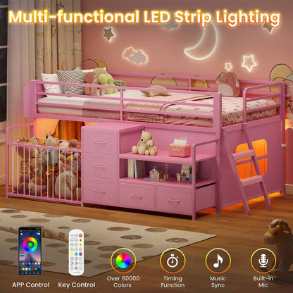 Twin Size Low Loft Bed with Storage Shelves Drawers and LED Lights Pink