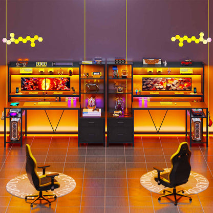 Reversible Computer Desk with Power Outlets & LED Light Black