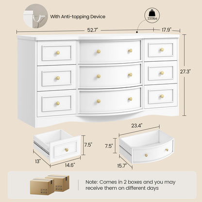 9 Drawer Dresser with Triple Arc Front White