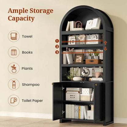 81 Inches Tall Arched 6-Tier Bookcase with Door Black