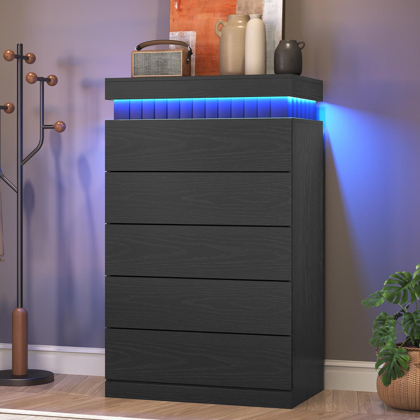 Modern Wood 6 Dresser  with LED Light and Power Outlet,Black