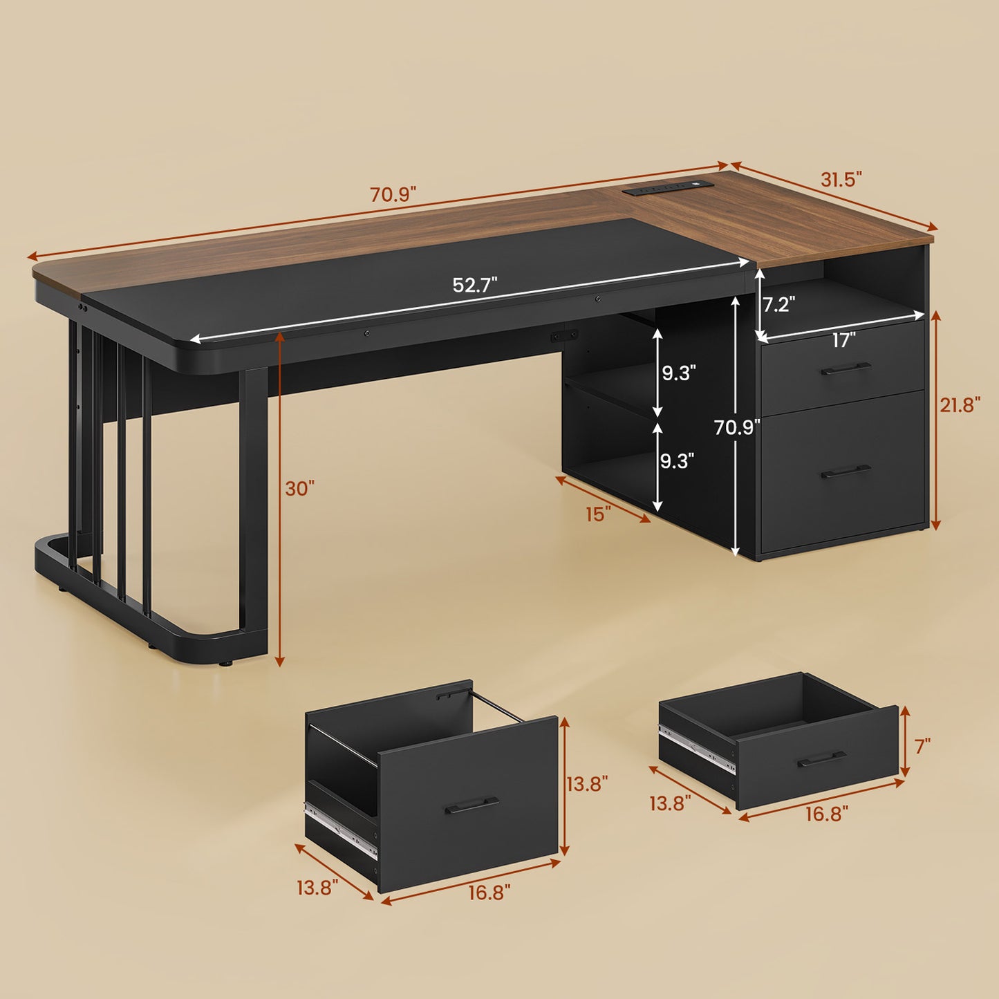 70.9" Power Outlet Desk with Adjustable Storage Shelves Walnut