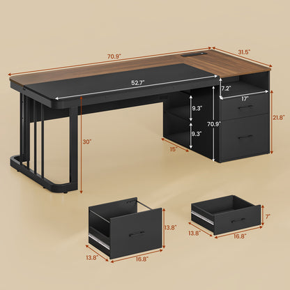70.9" Power Outlet Desk with Adjustable Storage Shelves Walnut