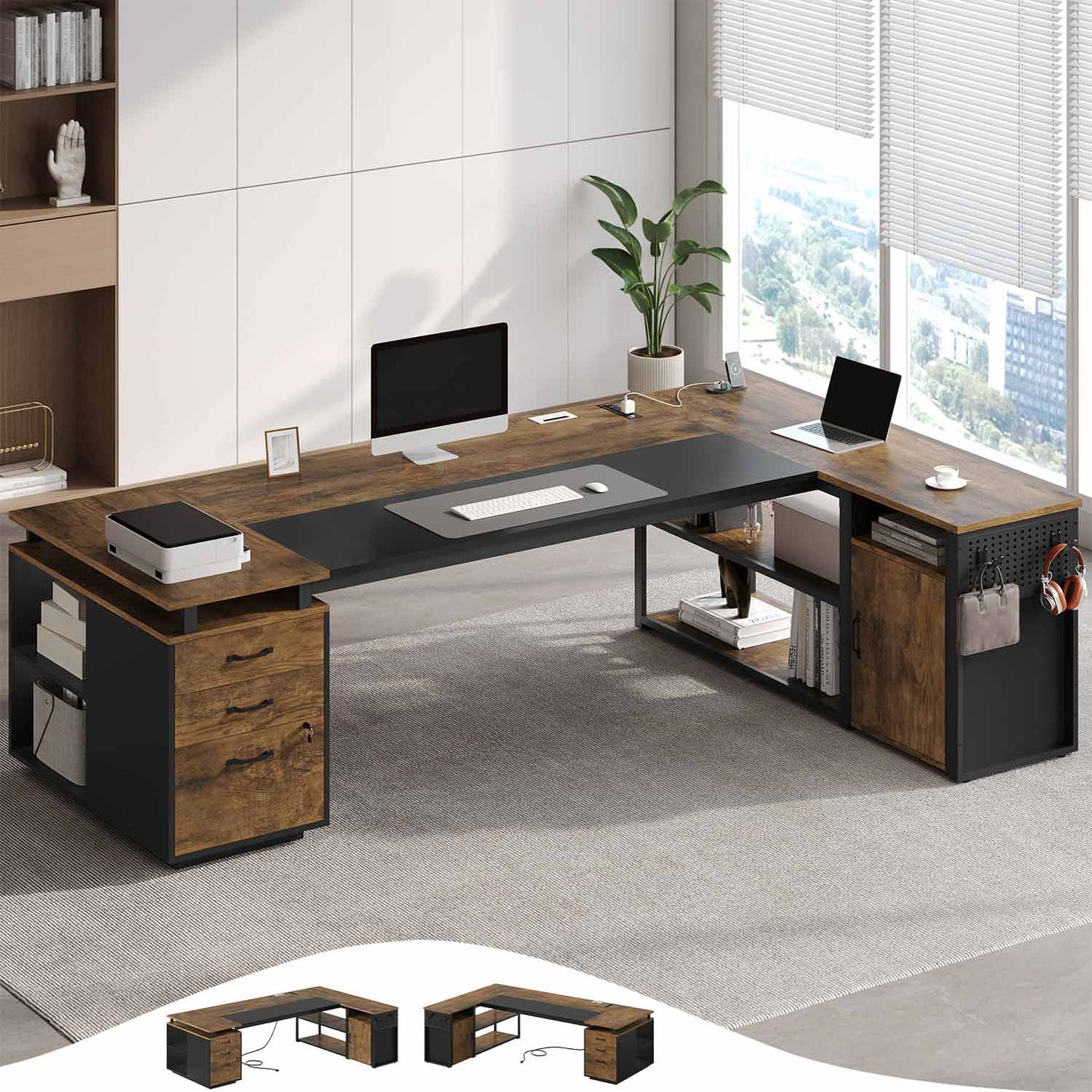 78 Inch L Shaped Executive Desk with Power Outlets Rustic Brown